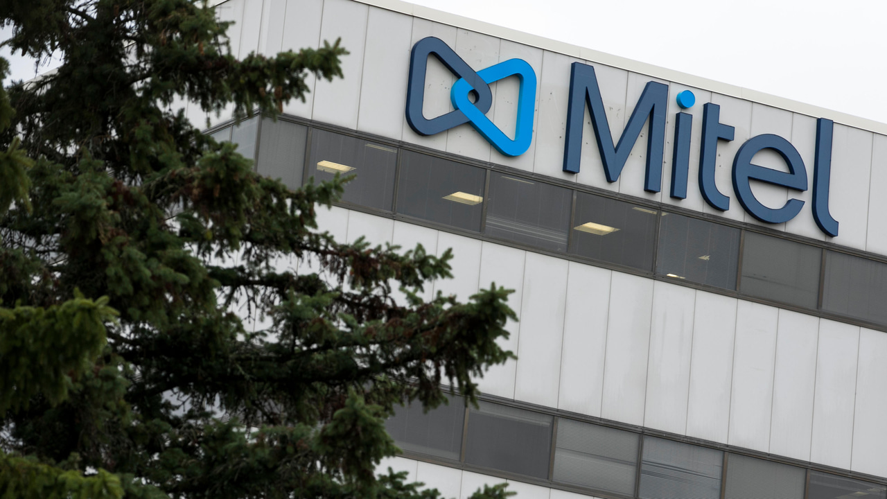 Mitel’s corporate logo on an office building
